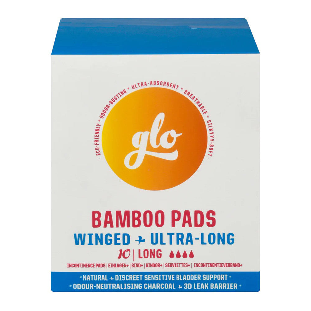 Glo Bamboo Pads Winged Ultra Long for Sensitive Bladder, Charcoal, 10 Ea